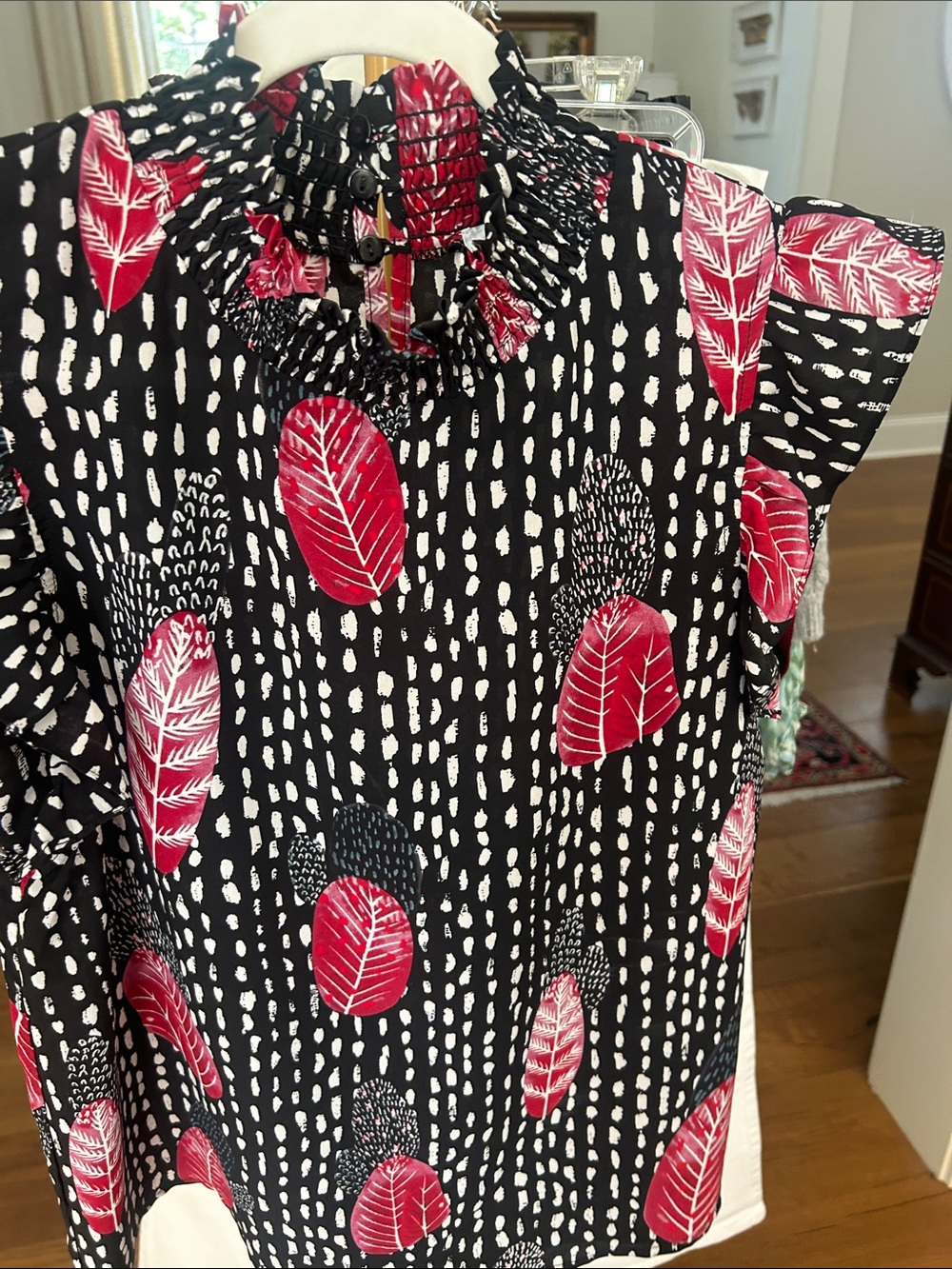 Jade Black Sleeveless Blouse with Pink Leaf Print
